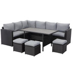 MeXo Polyrattan Gartenmöbel - Set Lounge - Set mit Ecksofa, WPC Esstisch, 3 Hocker, Kissen - Gartenlounge wetterfest bis 10 Personen - MeXo - Home