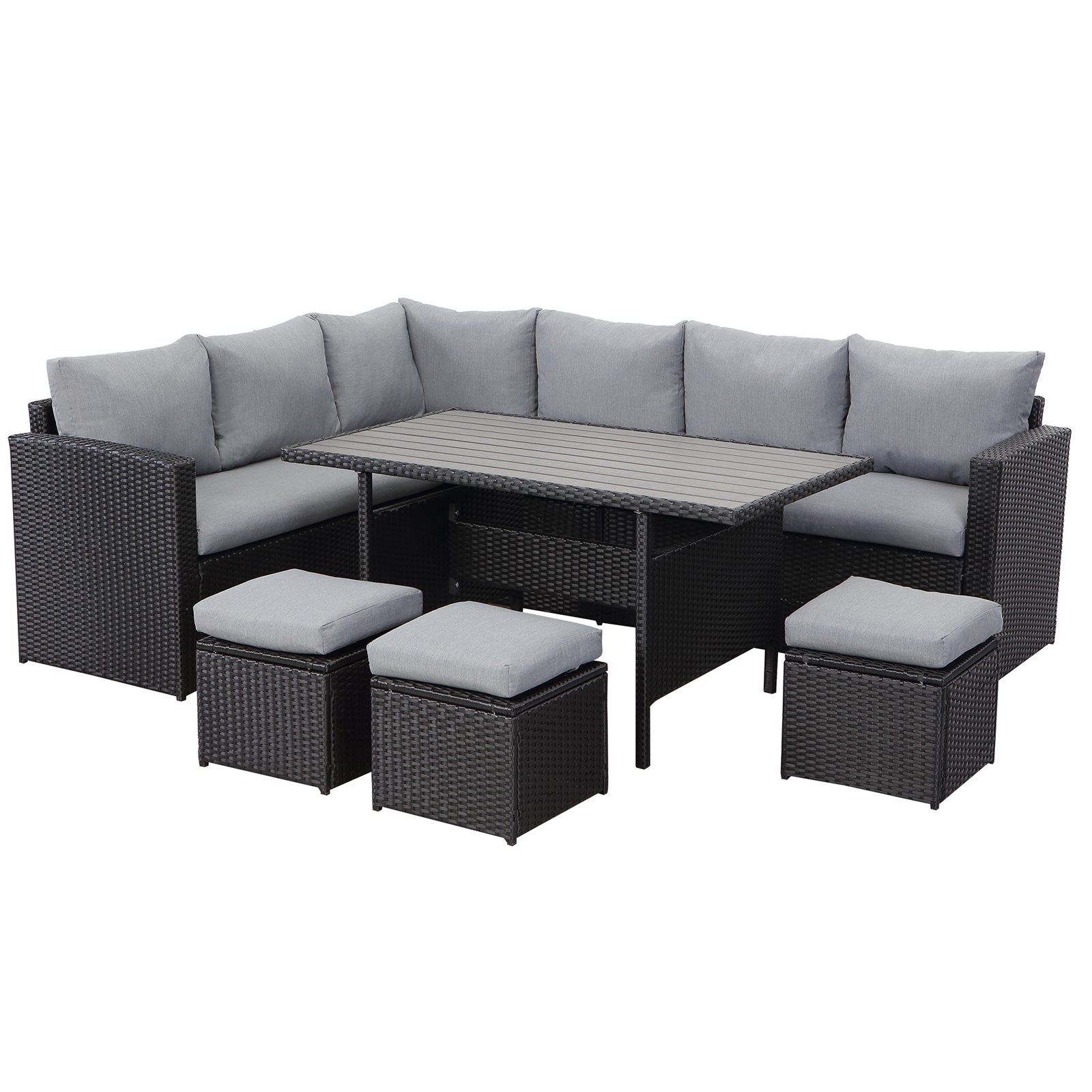 MeXo Polyrattan Gartenmöbel - Set Lounge - Set mit Ecksofa, WPC Esstisch, 3 Hocker, Kissen - Gartenlounge wetterfest bis 10 Personen - MeXo - Home