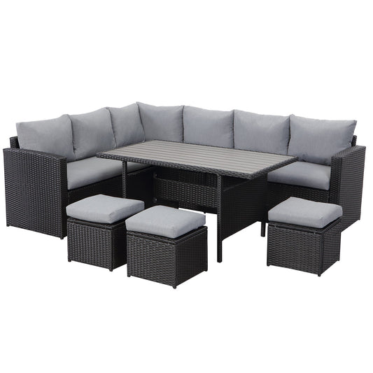 MeXo Polyrattan Gartenmöbel - Set Lounge - Set mit Ecksofa, WPC Esstisch, 3 Hocker, Kissen - Gartenlounge wetterfest bis 10 Personen - MeXo - Home