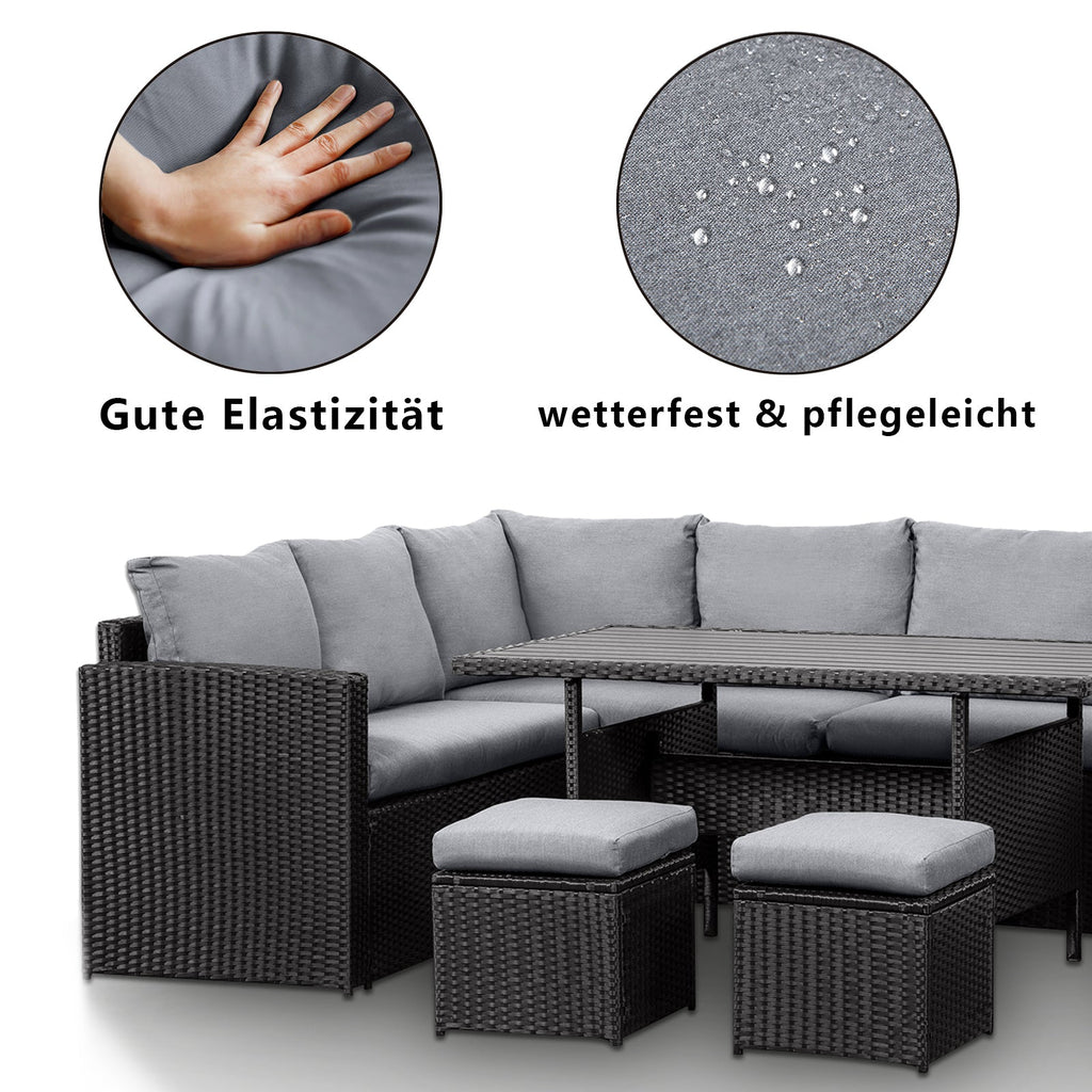 MeXo Polyrattan Gartenmöbel - Set Lounge - Set mit Ecksofa, WPC Esstisch, 3 Hocker, Kissen - Gartenlounge wetterfest bis 10 Personen - MeXo - Home