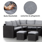 MeXo Polyrattan Gartenmöbel - Set Lounge - Set mit Ecksofa, WPC Esstisch, 3 Hocker, Kissen - Gartenlounge wetterfest bis 10 Personen - MeXo - Home